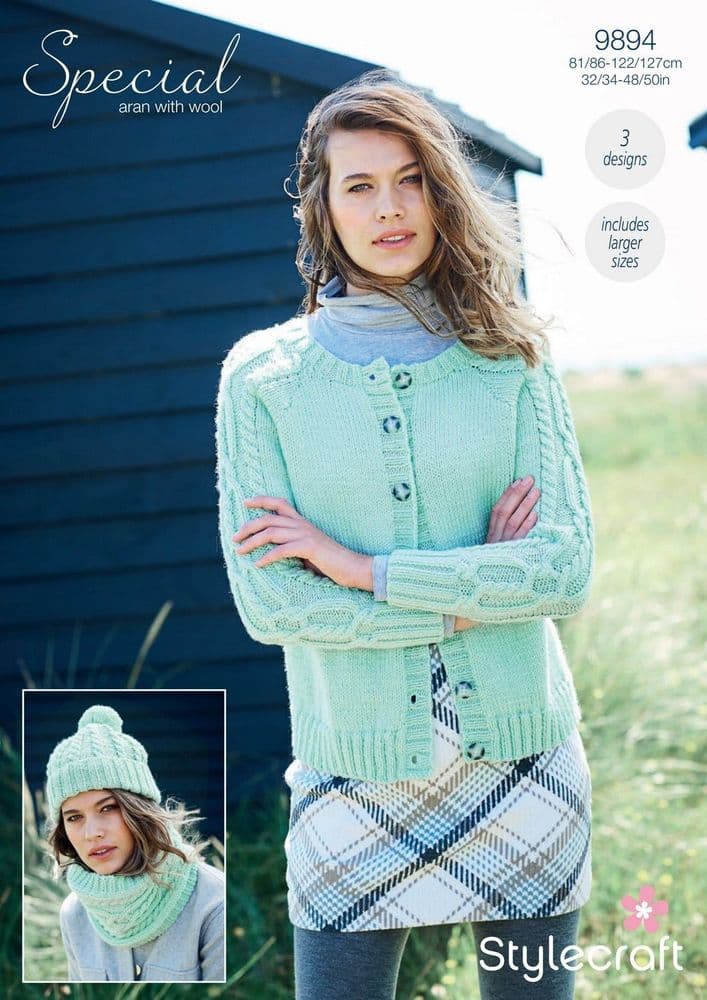 Cardigan, Snood & Hat Special Aran with Wool Pattern 9894 - Pk 5