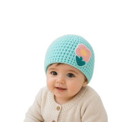 Baby Knitted Hat Polyester Warm Winter Pullover Cap With 3D Flower