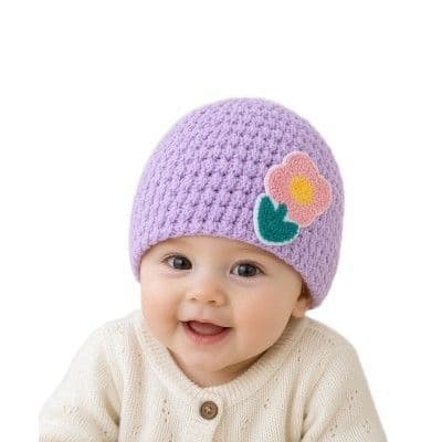 Baby Knitted Hat Polyester Warm Winter Pullover Cap With 3D Flower Purple..