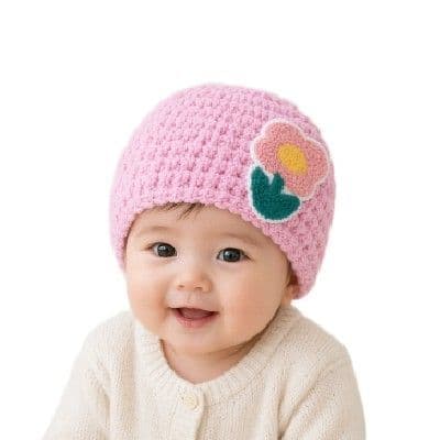 Baby Knitted Hat Polyester Warm Winter Pullover Cap With 3D Flower.