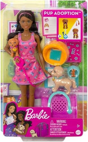 Barbie Doll and Accessories Pup Adoption Playset with Brunette Doll in Pink, 2 Puppies,