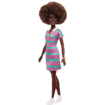 Barbie Fashionistas Doll with Curly Black Hair, Pink and Green Striped Collared Dress
