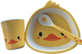 Cute Cartoon Yellow Duck Children Tableware Melamine Divided Dinner Plate Bowl Cup Spoon For Kids To