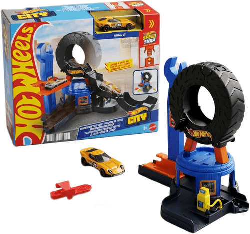 Hot Wheels Toy Car Track Set, City Downtown Tire Shop Playset & 1:64 Scale Die-Cast