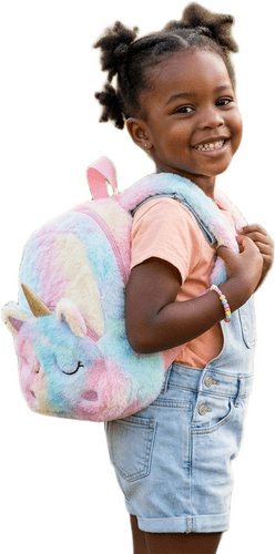 Kids Plush Backpack Faux Fur Unicorn Animal Design Gradient Rainbow Color Cute Cartoon School Bag Fo