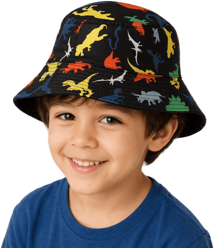 Kids' Reversible Bucket Hat Cotton Polyester Cartoon Dinosaur