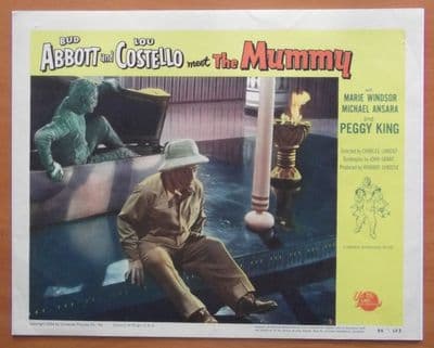 Abbott and Costello Meet the Mummy, Original Lobby Card, Monster sneaking behind Lou!! '55