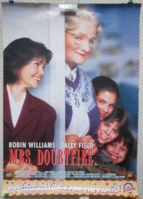 Mrs Doubtfire, Commercial Film Poster, Robin Williams, Sally Field, '93 vg-f