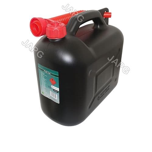 10 Litre, 10L Black Plastic Fuel Petrol Can, Jerry Can with Spout, Mower, Ride On Tractor, Engine