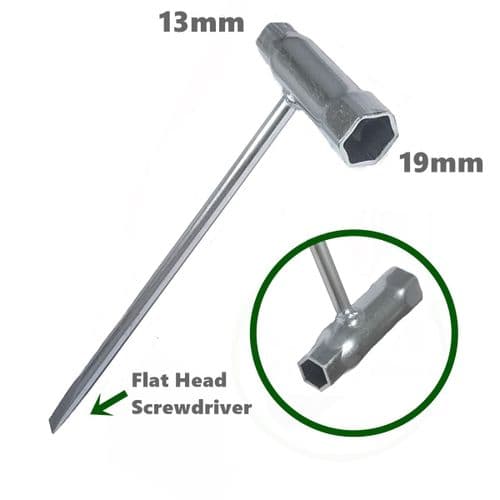Chainsaw Spark Plug & Bar Nut Spanner Tool, 13mm x 19mm with Flat Head Screwdriver End