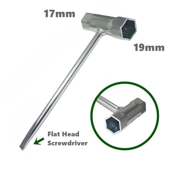 Chainsaw Spark Plug & Bar Nut Spanner Tool, 17mm x 19mm with Flat Head Screwdriver End