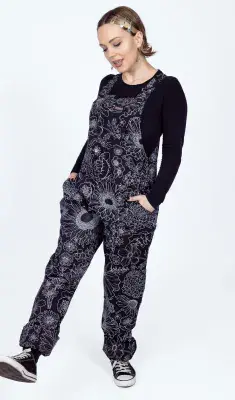 Black and White Floral stretch twill Dungarees - print by Jen James Design