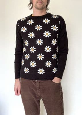 Folkie -  60s 70s Retro Style Floral Daisy Jumper - Black