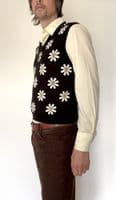 Folkie  Tank Top-  60s 70s Retro Style Floral V Neck Vest Jumper - Black