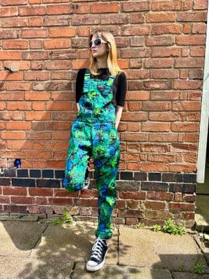 Jungle Cat Print Stretch Twill Cotton Run & Fly Dungarees - Green
