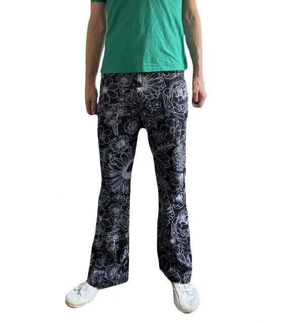 Men's Retro Black Floral High Rise Flares & Flared Trousers | FuzzDandy