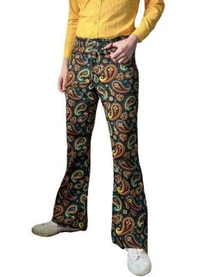 Men's Retro Black Paisley Flares with Stretch - Classic Flared Trousers
