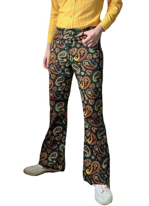 Men's Retro Black Paisley Flares & Flared Trousers - With Stretch | FuzzDandy