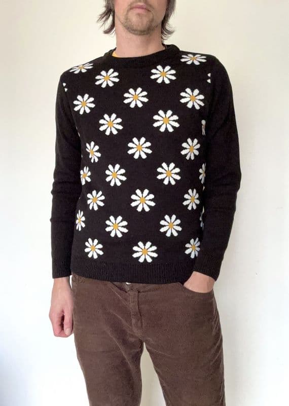 Men's Retro Folkie Floral Jumper & Sweater - Classic 60s Vintage Knit | FuzzDandy