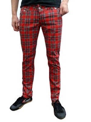 Men's Retro Red Tartan Drainpipe Trousers - Classic Straight Leg Pants