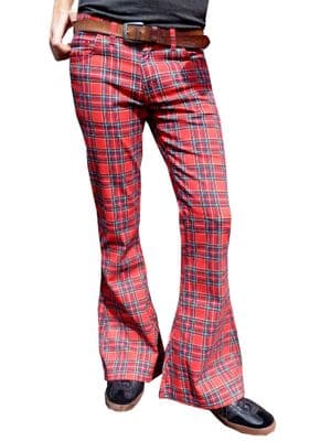 Men's Retro Red Tartan Flares with Stretch - Classic Flared Trousers