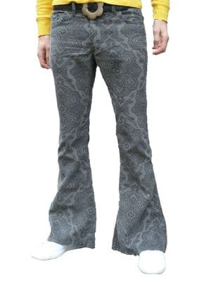 Paisley Cords Flares - Bell Bottoms Trousers Pants Corduroy - Grey Paisley