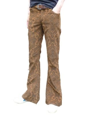 Paisley Cords Flares - Corduroy Bell Bottoms Pants Trousers - Tan Brown Paisley