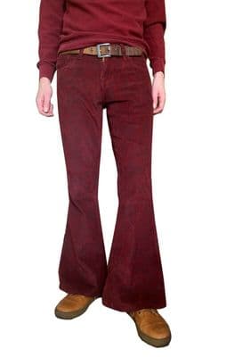 Paisley Cords Flares - Mens Bell Bottoms Corduroy Pants - Psychedelic Burgundy Red Cord