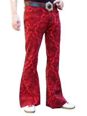 Paisley Cords Flares -  Mens Bell Bottoms Corduroy Trousers Pants - Psychedelic Red