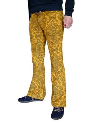 Paisley Cords Flares -  Mens Bell Bottoms Corduroy Trousers Pants - Psychedelic Yellow