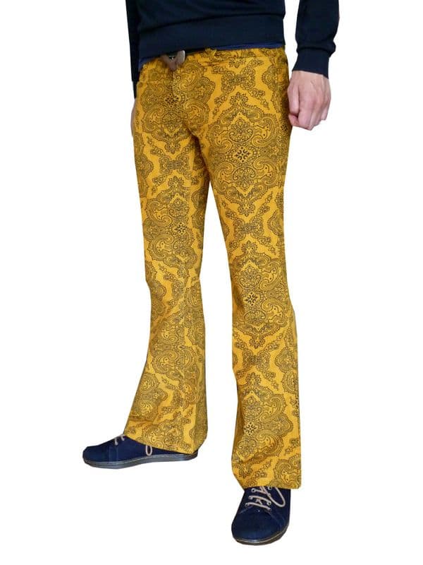 Paisley Cords Flares -  Mens Bell Bottoms Corduroy Trousers Pants - Psychedelic Yellow