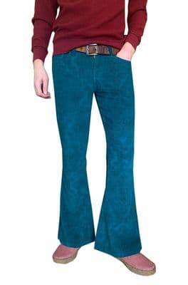 Paisley Cords Flares - Satanic Majesties Bell Bottoms Trousers Pants Corduroy - Turquoise Blue