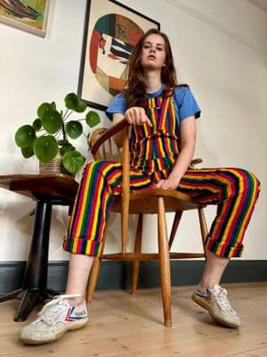 Rainbow stripes Print Stretch Twill Cotton Run & Fly Dungarees Overalls Unisex