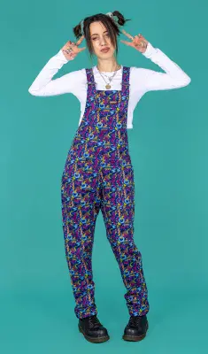 Retro 90's Arcade Abstract Print Run & Fly Dungarees - Blue / Purple