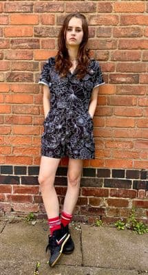 Run & Fly  Black Floral Jen James Print  Short Retro Playsuit