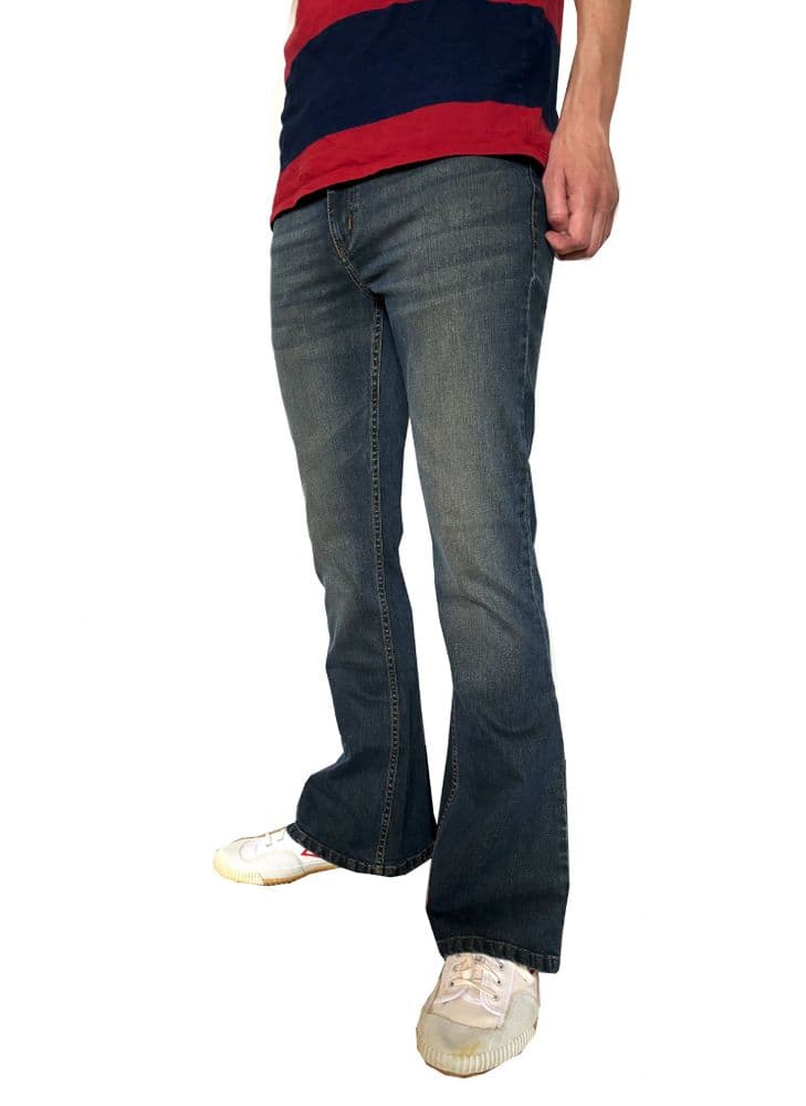 Stretch Flares Denim Faded Stretchy Jeans Pants Distressed Blue