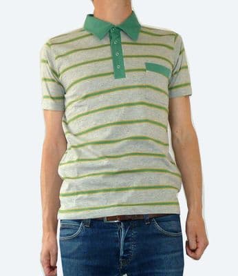 Striped Tee - Polo Button up T Shirt - Grey & Green