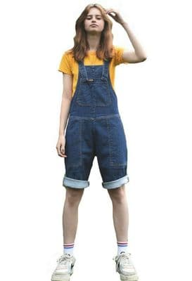 Womens Unisex Stone Wash Denim Oversized Dungaree Shorts