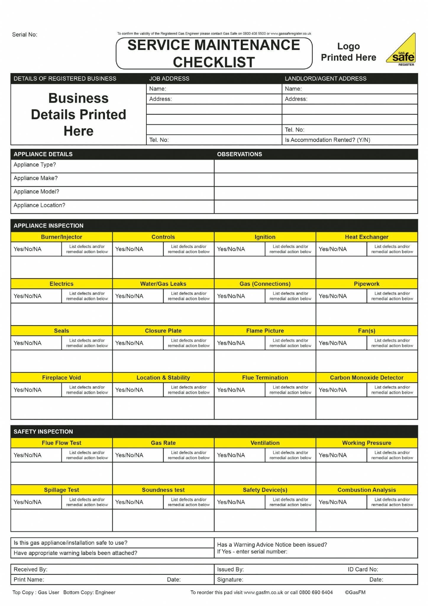 Personalised Service Maintenance Checklist