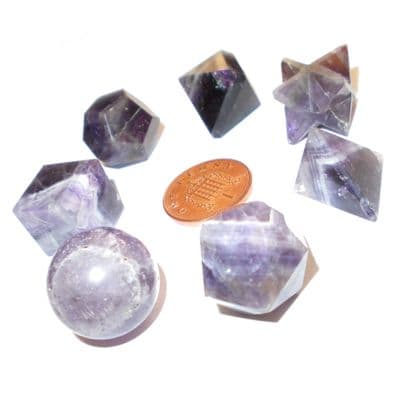 Amethyst Sacred Geometry Set (Platonic Solids, Merkaba & Sphere) with Keepers Pouch