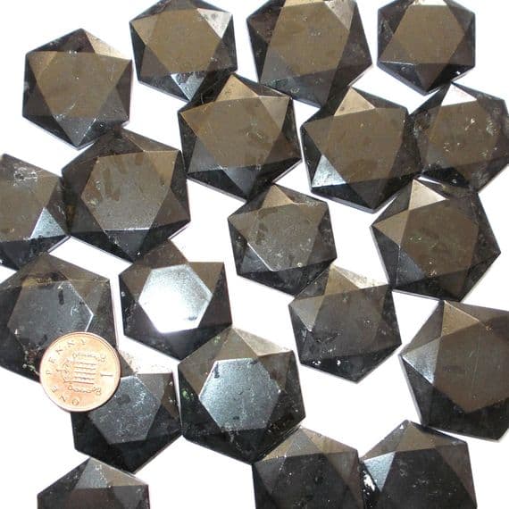 Black Tourmaline Crystal Flat Star Faceted Hexagon Worry Stone