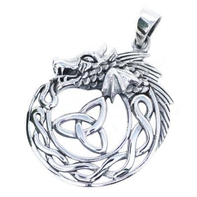 Celtic Dragon with Triquetra Trinity Knot Silver Pendant (P044)