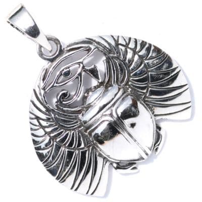 Egyptian Winged Scarab & Eye of Horus Silver Pendant (P007)