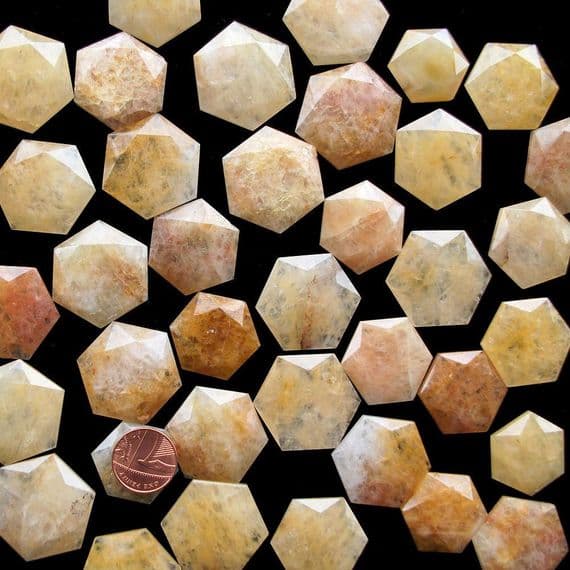 Golden Quartz Crystal Flat Star Faceted Hexagon Worry Stone