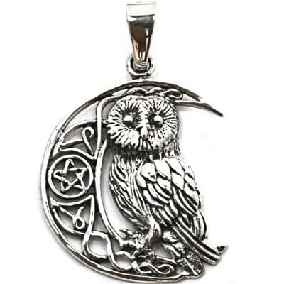 Moon Owl with Pentagram Silver Pendant (P068)