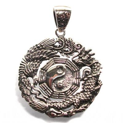 Solid Sterling Silver .925 Dragon & Phoenix Yin Yang Love Pendant P018