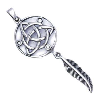 Solid Sterling Silver Large Triquetra Trinity Dreamcatcher Feather Pendant P020