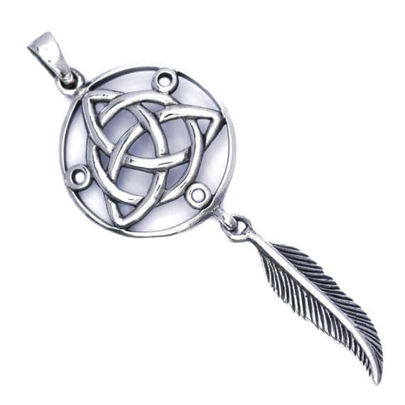 Solid Sterling Silver Large Triquetra Trinity Dreamcatcher Feather Pendant P020