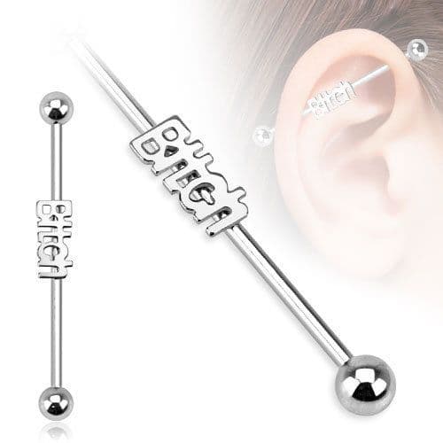 "Bitch" Logo Industrial Barbell Piercing