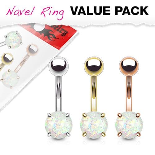 3 Pack of Belly Bars with Opal Glitter Balls